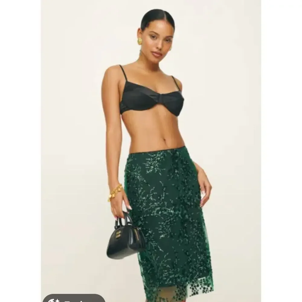Reformation Skirt 0 Blanca in Forest Green Embellished Sequin Lace Midi Party